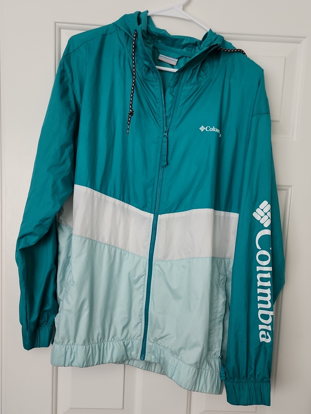 Columbia Teal, White & Light Blue Colorblock Hooded Windbreaker